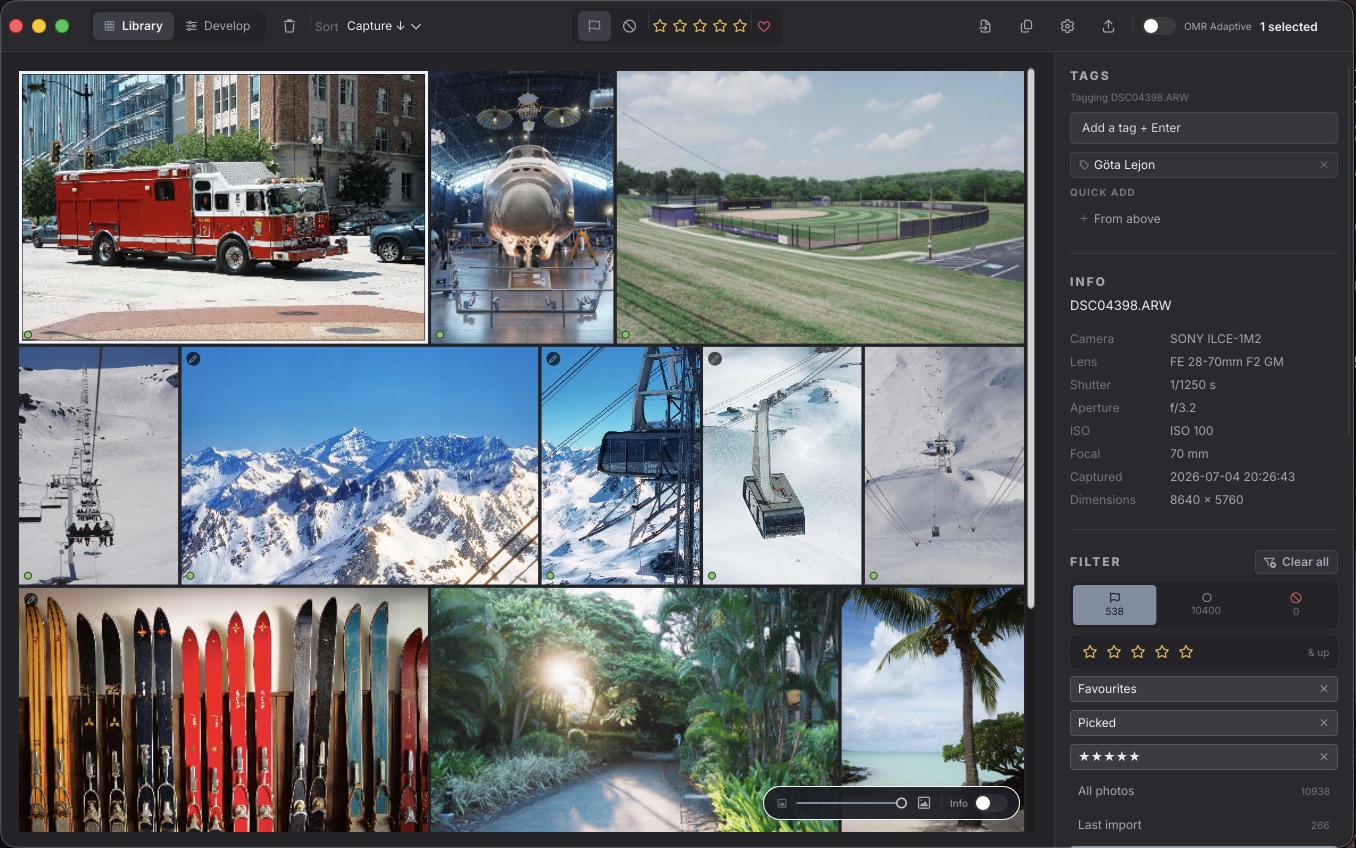 OhMyRAW Library with photo grid, filters and metadata